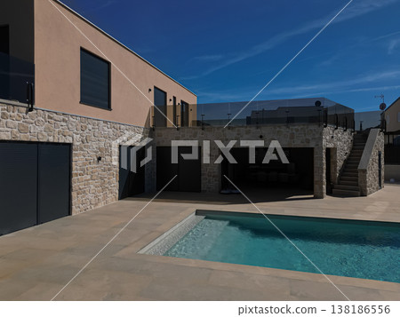 Modular modern smart automated house with pool, stone facade terrace and unfinished work-in-progress exterior Modular modern smart automated house with pool, stone facade terrace and unfinished work-in-progress exterior 138186556