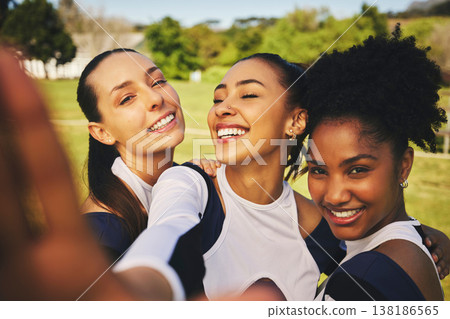 Portrait, women or cheerleaders in a group selfie at a game with support in training, exercise or fitness workout. Proud girls, smile or happy sports athletes in a social media picture or team photo 138186565