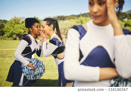 Bullying, cheerleading and friends with gossip about girl, talking behind back and secret. School, psychology and students speaking about teenager with rumor, problem or conversation as cheerleaders 138186567