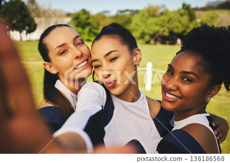 Field, girl or cheerleaders in team selfie at a game with support in training, exercise or fitness workout. Female athletes, teamwork or happy sports women in a social media picture or group photo 138186568