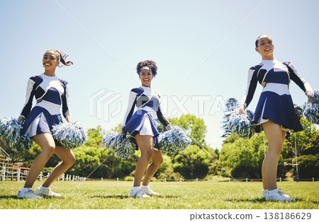 Portrait, motivation and a cheerleader group of women outdoor for a training routine or sports event. Smile, teamwork and diversity with a happy young cheer squad on a field together for support 138186629