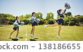 Cheerleader person, jump and dancing for sports practice on grass field for final competition. Woman, athlete and intense training with agility, balance and concentrate with focus for composite 138186655