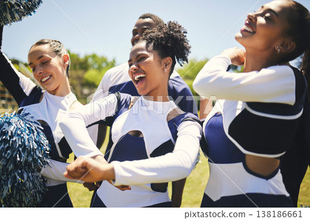 Cheerleaders, field and team with celebration, game and winner with happiness, motivation and smile. Women, men and group cheering, outdoor or chanting with sports, champion with support and excited 138186661