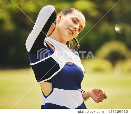 Cheerleader, fitness injury and woman neck pain from sport, training and cheer exercise on a grass field. Health, accident and muscle tension outdoor with emergency and workout challenge for wellness 138186680