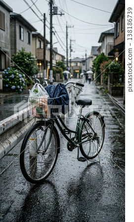 Bicycles getting wet in a sudden downpour 138186739