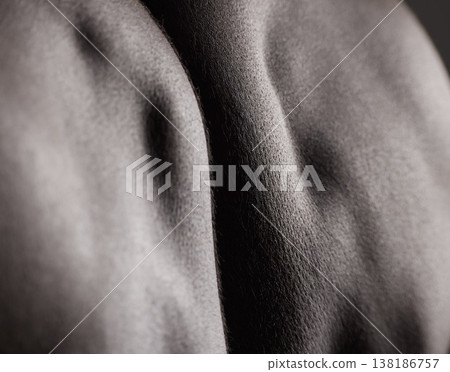 Back, closeup and skincare of man with muscle and cosmetics, health and model with glow from dermatology. Body, art and shoulder of person with wellness in dark studio or black and white mockup Back, closeup and skincare of man with muscle and cosmetics, health and model with glow from dermatology. Body, art and shoulder of person with wellness in dark studio or black and white mockup 138186757