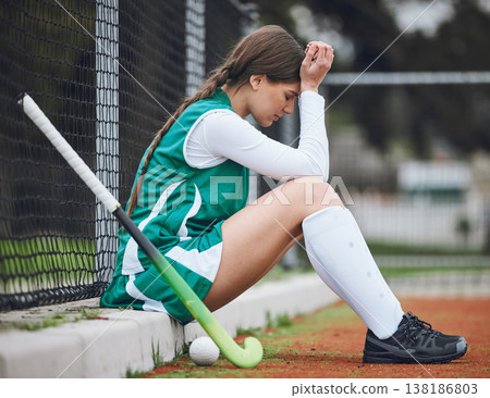 Player, headache and woman with burnout, hockey and anxiety with fitness, mistake and depression. Person, athlete and girl outdoor, migraine and stress with mental health, lose and sports with injury 138186803