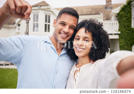 Happy, selfie and couple with keys, real estate and post with happiness, celebration and homeowner. Portrait, man and woman with property, mortgage and support with investment and profile picture Happy, selfie and couple with keys, real estate and post with happiness, celebration and homeowner. Portrait, man and woman with property, mortgage and support with investment and profile picture 138186874