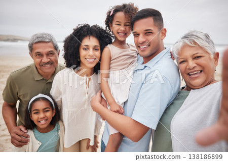 Portrait, happy and selfie of family at beach on holiday, vacation or travel outdoor. Parents, grandparents and kids at ocean in profile picture for care, bonding together and smile for love at sea Portrait, happy and selfie of family at beach on holiday, vacation or travel outdoor. Parents, grandparents and kids at ocean in profile picture for care, bonding together and smile for love at sea 138186899