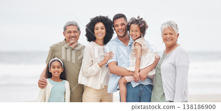 Portrait, happy and big family at beach on vacation, holiday or travel outdoor in summer. Parents, grandparents and kids at ocean for care, children bonding together and smile for connection at sea Portrait, happy and big family at beach on vacation, holiday or travel outdoor in summer. Parents, grandparents and kids at ocean for care, children bonding together and smile for connection at sea 138186900