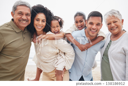Happy family, beach or vacation with grandparents, parents and kids for holiday, bonding together or smile. Portrait, travelling and outdoor to rest, relax and quality time for break, memories or joy 138186912