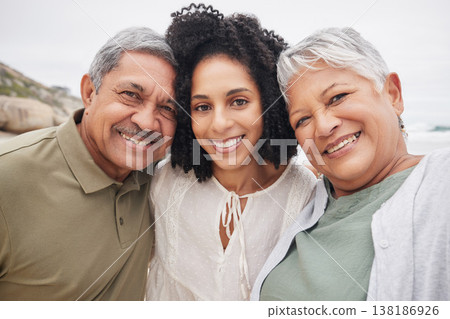 Portrait, happy woman and elderly parents at beach on holiday, vacation or travel outdoor. Face, adult daughter and mother and father bonding together at ocean for family connection, love and support Portrait, happy woman and elderly parents at beach on holiday, vacation or travel outdoor. Face, adult daughter and mother and father bonding together at ocean for family connection, love and support 138186926