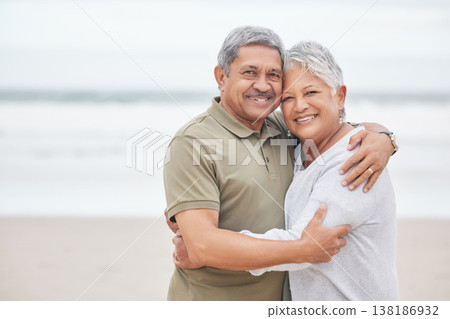 Senior couple, portrait and hug at beach for holiday, vacation or tropical travel in retirement with mockup. Happy man, elderly woman and embrace to relax at ocean, love or loyalty to support partner 138186932