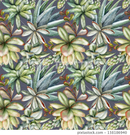 Watercolor rosette succulents, echeveria sedum kalanchoe, sansevieria aloe spiky leaves. Seamless pattern hand drawn in watercolor. Textile design, wallpaper, sustainable branding, digital planners. 138186940