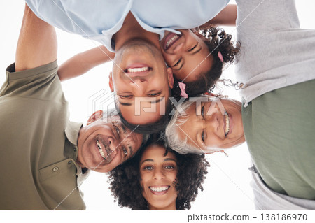 Happy family, circle and portrait from below with love, care and bonding outdoor together. Face, smile and girl child with parents, grandparents or hug outside with freedom, fun and low angle support Happy family, circle and portrait from below with love, care and bonding outdoor together. Face, smile and girl child with parents, grandparents or hug outside with freedom, fun and low angle support 138186970