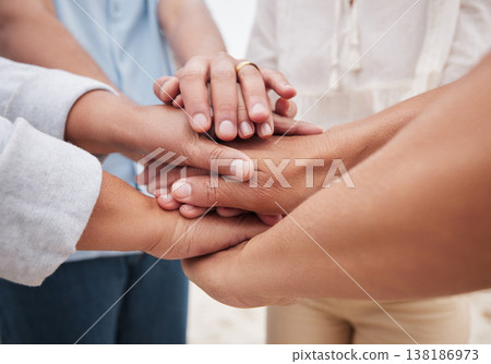 Family, people or hands together outdoor for team building, support or unity for diversity. Group, men or women with hand stack in nature for community, motivation or connection with teamwork sign Family, people or hands together outdoor for team building, support or unity for diversity. Group, men or women with hand stack in nature for community, motivation or connection with teamwork sign 138186973