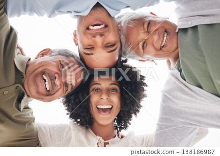 Excited, portrait and a family with a huddle in nature for summer, bonding and fun together. Low, laughing and senior parents with a young man and woman with love, care and community at the beach 138186987