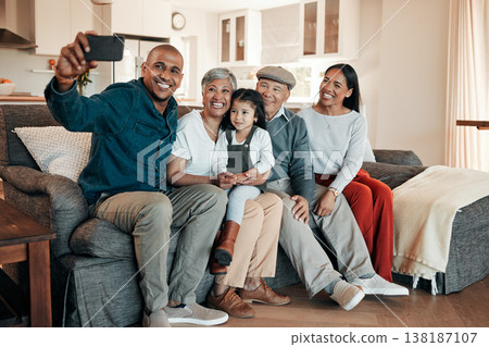 Family, selfie and grandparents and child on sofa for bonding, relationship and social media at home. Senior parents, happy and mother, father and girl in living room for picture, memory and photo 138187107