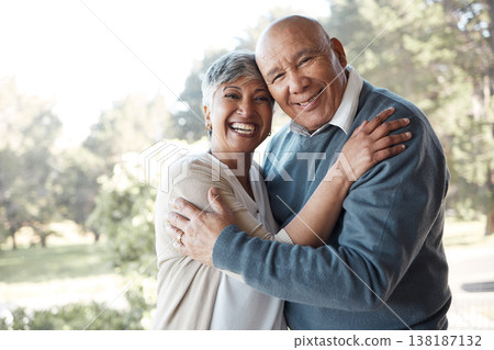 Portrait, hug and senior couple with love, smile and marriage with bonding, relationship and retirement. Face, happy old woman and elderly man embrace, outdoor and health with nature, care and trust Portrait, hug and senior couple with love, smile and marriage with bonding, relationship and retirement. Face, happy old woman and elderly man embrace, outdoor and health with nature, care and trust 138187132