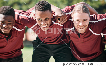 Happy man, rugby and team in huddle, scrum or playoffs on outdoor field together in nature. Group portrait of sporty people or athlete smile in teamwork motivation for match start or game outside Happy man, rugby and team in huddle, scrum or playoffs on outdoor field together in nature. Group portrait of sporty people or athlete smile in teamwork motivation for match start or game outside 138187148