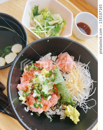 Japanese lunch set: Negitoro rice bowl and miso soup Japanese lunch set: Negitoro rice bowl and miso soup 138187165