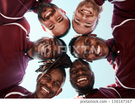 Man, rugby and portrait of sports team in huddle for outdoor training, teamwork or support below. Low angle of group or players smile in scrum for fitness, collaboration or trust in unity or game Man, rugby and portrait of sports team in huddle for outdoor training, teamwork or support below. Low angle of group or players smile in scrum for fitness, collaboration or trust in unity or game 138187167