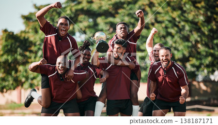 Excited, portrait and rugby team with trophy in celebration at field outdoor for target, champion goal and competition. Fitness, group of men and award for winning game, success and sport achievement Excited, portrait and rugby team with trophy in celebration at field outdoor for target, champion goal and competition. Fitness, group of men and award for winning game, success and sport achievement 138187171