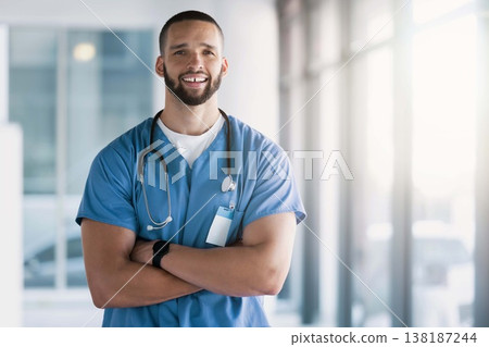 Man, portrait and surgeon with arms crossed in hospital for wellness services, help and medical consulting in Mexico. Medicine, healthcare and happy professional doctor working with trust in clinic Man, portrait and surgeon with arms crossed in hospital for wellness services, help and medical consulting in Mexico. Medicine, healthcare and happy professional doctor working with trust in clinic 138187244