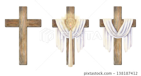 Set of three wooden Christian crosses, covered in white fabric, with burning candle. Spring Easter watercolor symbol of resurrection, faith, and hope. For church products, invitations, and Set of three wooden Christian crosses, covered in white fabric, with burning candle. Spring Easter watercolor symbol of resurrection, faith, and hope. For church products, invitations, and 138187412