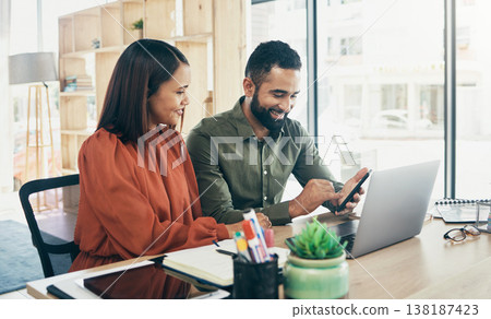 Man, women and work in office with cellphone with smile, social media and communication. Diversity, teamwork and friends with technology for review, chat group and manager feedback on project success Man, women and work in office with cellphone with smile, social media and communication. Diversity, teamwork and friends with technology for review, chat group and manager feedback on project success 138187423