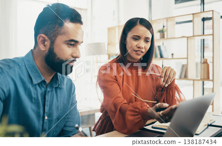 Business, couple and home office with laptop, working together and planning startup strategy online. Coaching, man and woman at desk with computer, research ideas and project review at digital agency 138187434