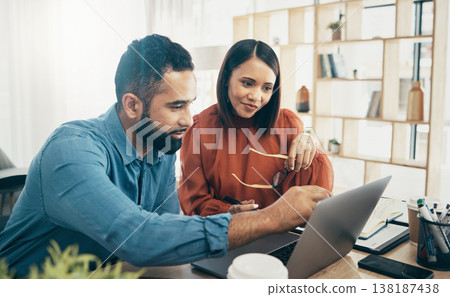 Coworking, couple in office and working together for planning remote work startup strategy online. Small business, man and woman at desk on laptop, networking email and web research at digital agency 138187438
