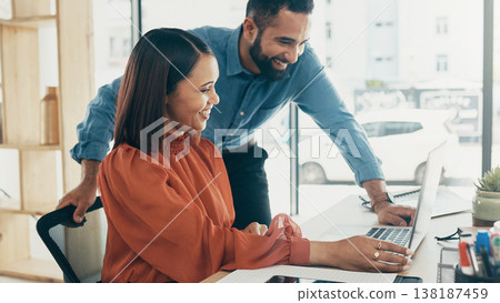 Business people, teamwork and collaboration on laptop for office training, project planning and advice in marketing. Professional woman, manager or employees on computer for social media research Business people, teamwork and collaboration on laptop for office training, project planning and advice in marketing. Professional woman, manager or employees on computer for social media research 138187459