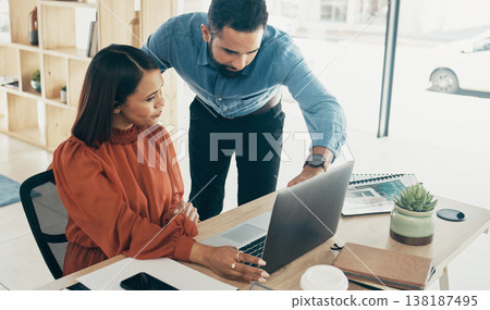 Business people, manager and teamwork on laptop for office planning, human resources collaboration or management. Professional woman and boss on computer for HR feedback, online advice and support Business people, manager and teamwork on laptop for office planning, human resources collaboration or management. Professional woman and boss on computer for HR feedback, online advice and support 138187495