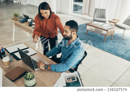 Man, woman, review and work in office with female manager, standing and feedback for web designer. Diversity, technology and collaboration with creative director, project management and planning Man, woman, review and work in office with female manager, standing and feedback for web designer. Diversity, technology and collaboration with creative director, project management and planning 138187574
