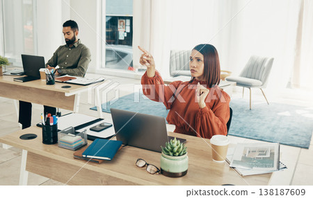 Touch, invisible screen and business woman in office for user interface, 3d hologram and ux mockup. Futuristic, corporate and person at desk with hands for research, online website and digital tech 138187609