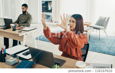Invisible screen, laptop and business woman in office for user interface, 3d hologram and ux mockup. Futuristic, corporate and person at desk with hands for research, online website or digital tech Invisible screen, laptop and business woman in office for user interface, 3d hologram and ux mockup. Futuristic, corporate and person at desk with hands for research, online website or digital tech 138187620