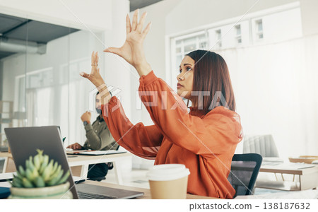 Futuristic, invisible screen and business woman in office for user interface, 3d hologram and ux mockup. Laptop, corporate and person at desk with hands for research, online website or digital tech Futuristic, invisible screen and business woman in office for user interface, 3d hologram and ux mockup. Laptop, corporate and person at desk with hands for research, online website or digital tech 138187632