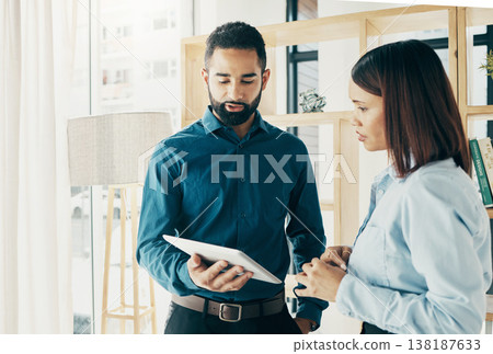 Business people, tablet and communication for partnership, meeting or project management in office. Professional, man and woman with touchscreen or discussion, planning or recruitment at workplace Business people, tablet and communication for partnership, meeting or project management in office. Professional, man and woman with touchscreen or discussion, planning or recruitment at workplace 138187633