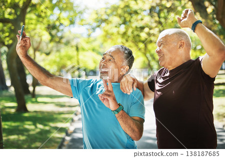 Friends, men and taking a selfie after exercise in park with peace sign, smile and together for fitness. Mature, people and happy in wellness, workout or cardio in retirement for walk, bond or health 138187685
