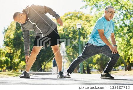 Senior man, friends and stretching for running, exercise or outdoor training together at park. Mature people in body warm up, leg stretch or preparation for cardio workout or team fitness in nature Senior man, friends and stretching for running, exercise or outdoor training together at park. Mature people in body warm up, leg stretch or preparation for cardio workout or team fitness in nature 138187713