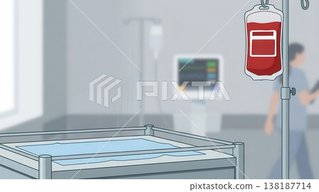 Hospital Patient Care Room with Medical Equipment and Blood Transfusion Setup 138187714