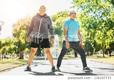 Happy senior man, friends and stretching in nature for workout, training or outdoor exercise together. Mature people in body warm, preparation or getting ready for cardio, running or fitness at park Happy senior man, friends and stretching in nature for workout, training or outdoor exercise together. Mature people in body warm, preparation or getting ready for cardio, running or fitness at park 138187715