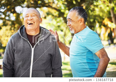 Fitness, laughing and senior men in park for wellness, healthy body and wellbeing in retirement, Friends, happy and mature people with smile, talking and joy outdoors for exercise, workout and sports 138187718