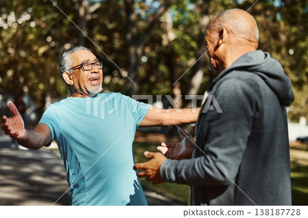 Smile, senior friends and hug at park outdoor, care and bonding together in meeting. Happy elderly men embrace in nature, reunion of connection and excited people greeting in garden for retirement 138187728