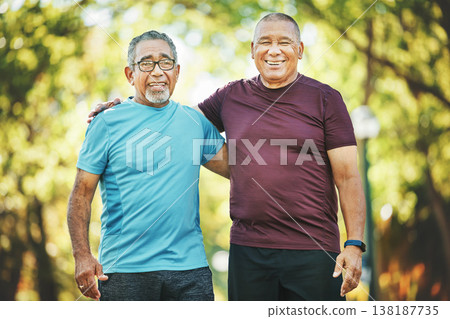 Mature men, friends or workout together in park, hug or smile for wellness, exercise or cardio health. Happiness, sportswear and strong for fitness, sport and train for retirement, strength or energy Mature men, friends or workout together in park, hug or smile for wellness, exercise or cardio health. Happiness, sportswear and strong for fitness, sport and train for retirement, strength or energy 138187735