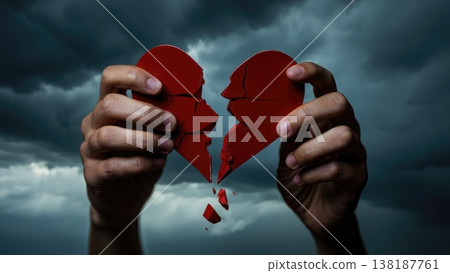 Broken heart in the hands - divorce concept. photo with red heart. Broken heart in the hands - divorce concept. photo with red heart. 138187761