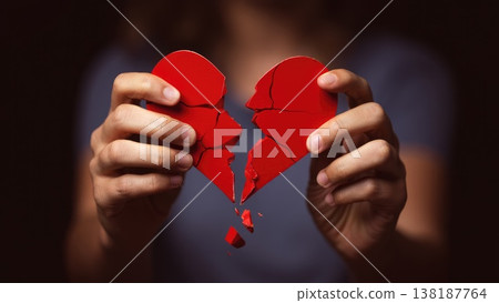 Broken heart in the hands - divorce concept. photo with red heart. 138187764