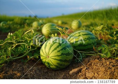 Green watermelons in the field, closeup of photo. Summer 138187789