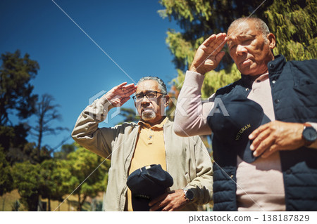 Salute, war veteran and men at cemetery to pay respect to fallen soldier outdoor at memorial service. Military, senior friends or salutation of army people for grief, support or empathy in retirement 138187829